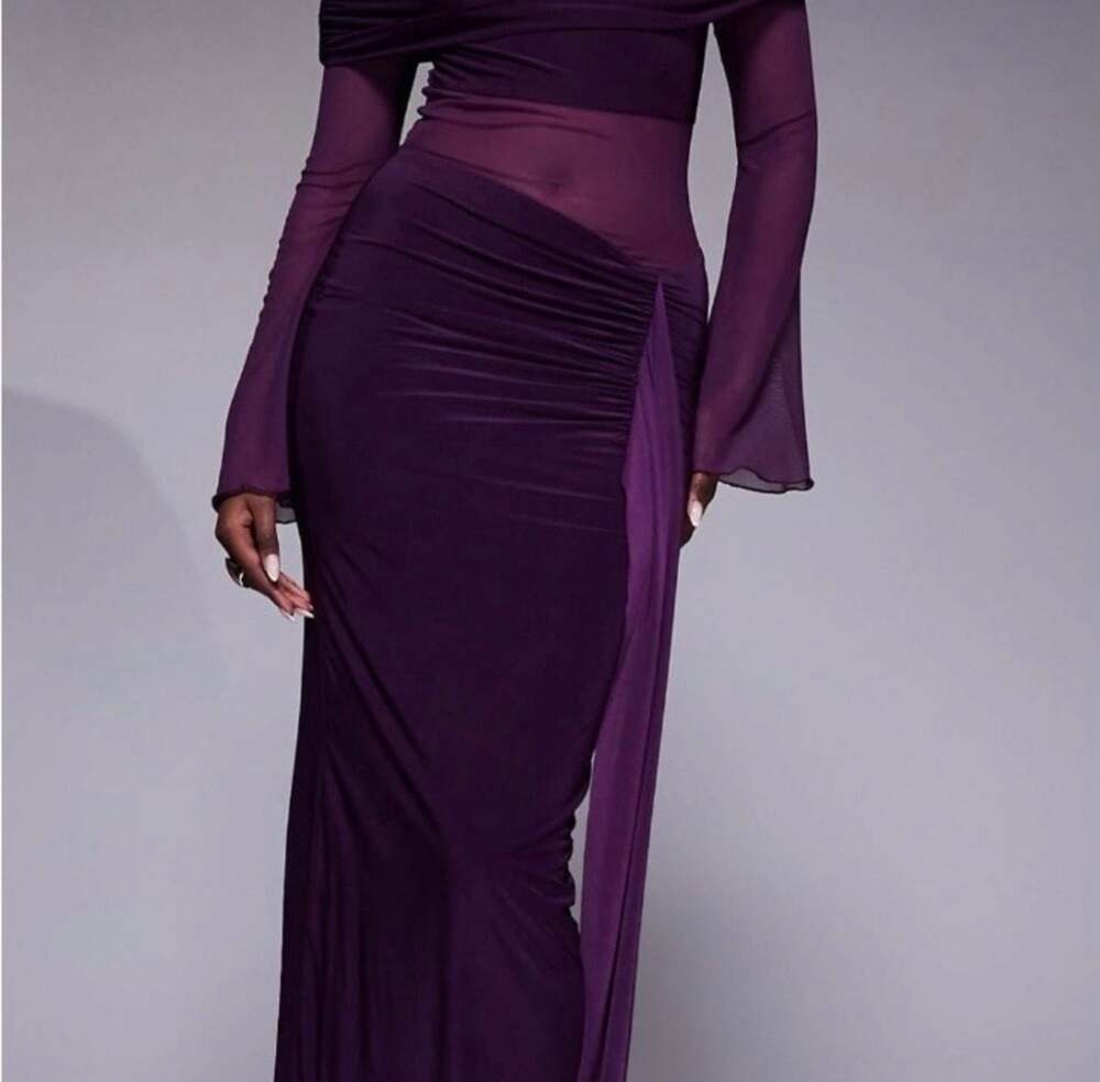 Kaiia Exclusive Slinky Foldover Off-The-Shoulder Sheer Panel Maxi Dress -Plum